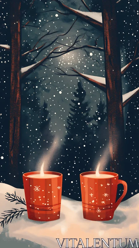 Snowy forest hush and two ember-bright winter mugs.