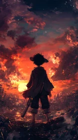 Solitary figure overlooking ruined city at red sunset.