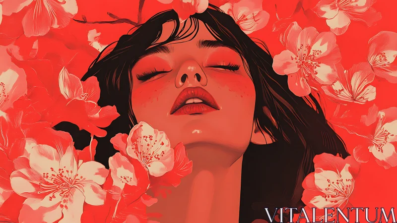 Woman in red floral dreamscape breathes in quiet serenity.