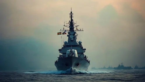 Steel prow carves misty dawn while distant warships wait