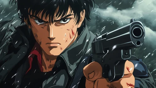 Anime gunman aims handgun forward under stormy weather