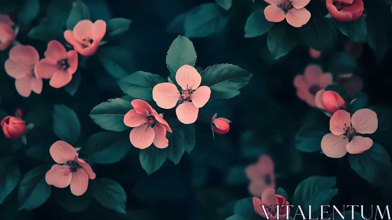 Dichromatic Botanical Study: Coral Blossoms Against Teal Foliage.