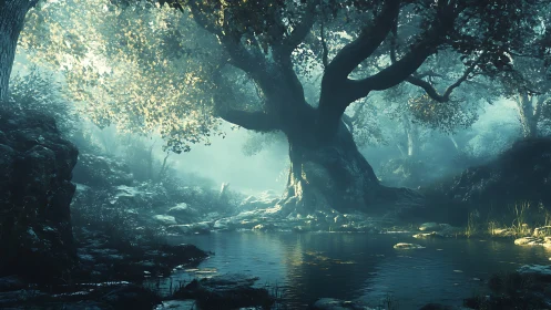 Ancient Forest Grove with Luminous Water Body.