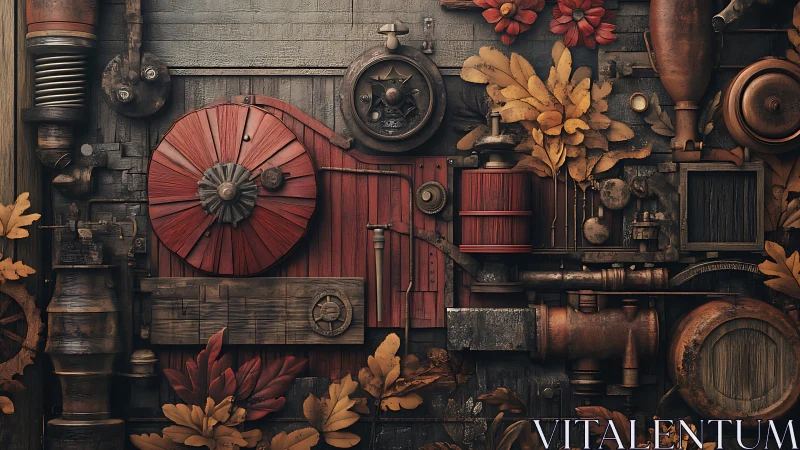 Rustic steampunk panel with red gears and autumn foliage.