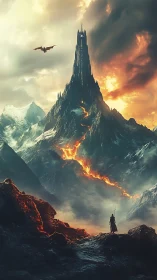 Volcanic spire fortress with dragon and lone robed figure.