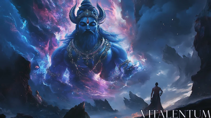 Colossal cosmic deity emerges over lone figure in storm