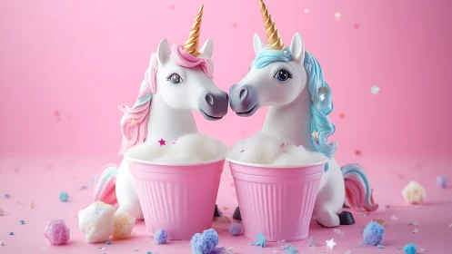 Pastel unicorn figurines in pink foam cups with candy confetti.
