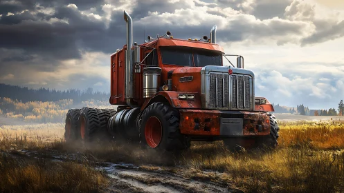 Heavy off-road semi truck waits under stormy prairie sky.
