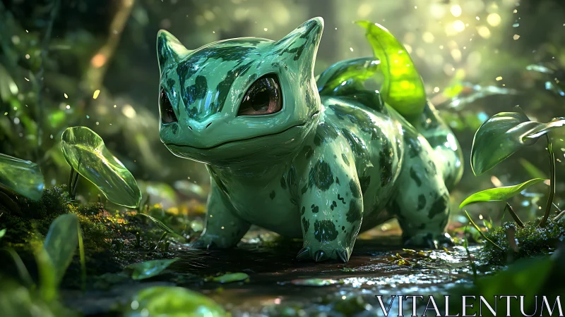 Bulbasaur style creature in detailed forest lighting scene.