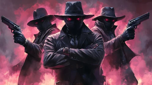 Three masked gunmen stand in stylized red smoke environment