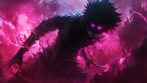 Sinister neon wraith emerging through electric magenta storm.