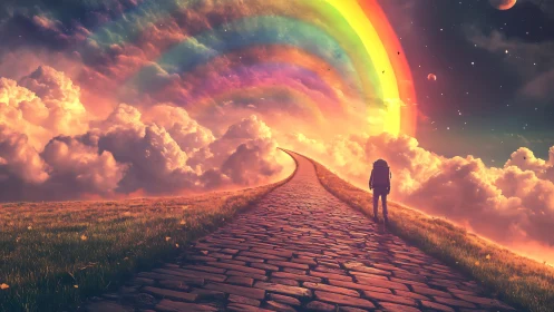 Solitary figure on cobblestone path beneath layered rainbow sky.