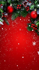 Red background with fir branches, baubles and snow border.