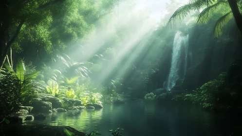 Sunlight penetrates dense forest canopy to illuminate waterfall