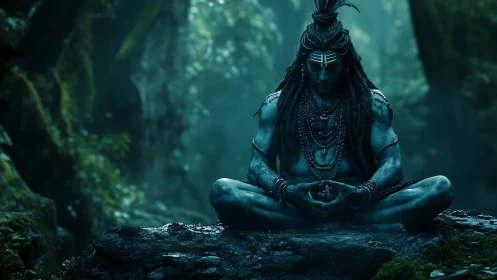 Mystical blue ascetic rests in deep meditation in the forest