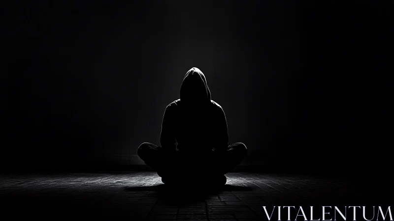 Hooded figure sits in darkness under narrow spotlight.