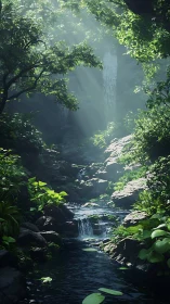 Misty Forest Waterfall Canyon with Verdant Canopy.