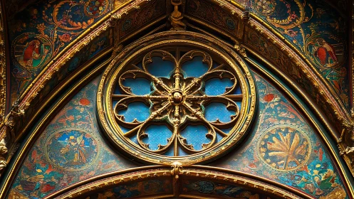 Circular tracery window set within ornate gilded vaulting