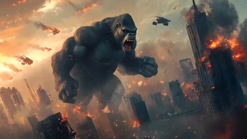 Giant gorilla rampaging through burning futuristic city.