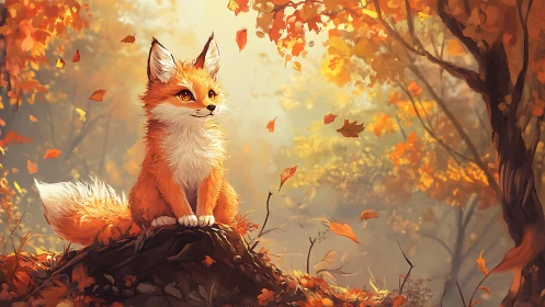 Autumn fox watches swirling leaves in a golden forest scene.