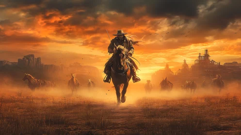 Lone cowboy leads galloping horses under burning sunset sky.