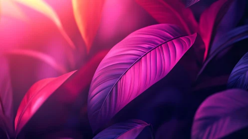Neon jungle leaves glowing in magenta and violet light.