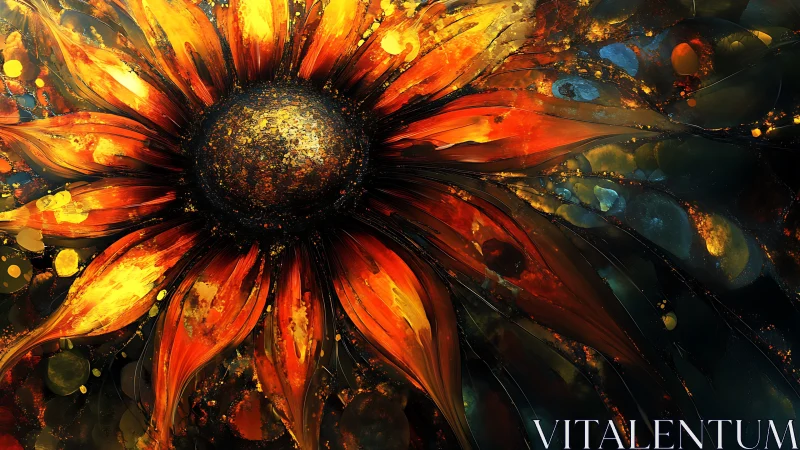 Solar flare sunflower exploding through molten midnight sky.