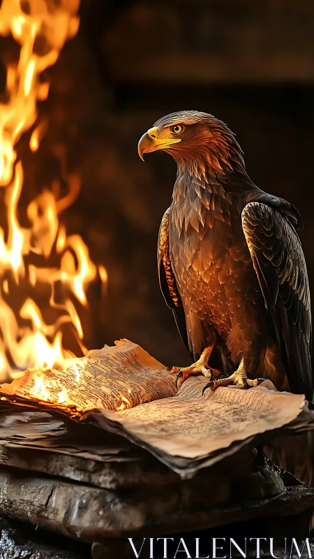 Raptor illuminated by flames over burning manuscript pages