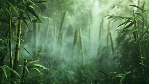 Misty emerald bamboo forest rendered in soft digital light.