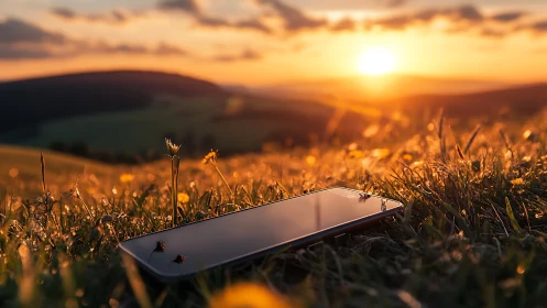 Smartphone lying in grass on hillside during sunset period.