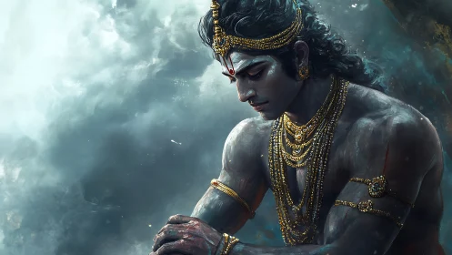 Quiet warrior in golden adornments above stormy clouds.