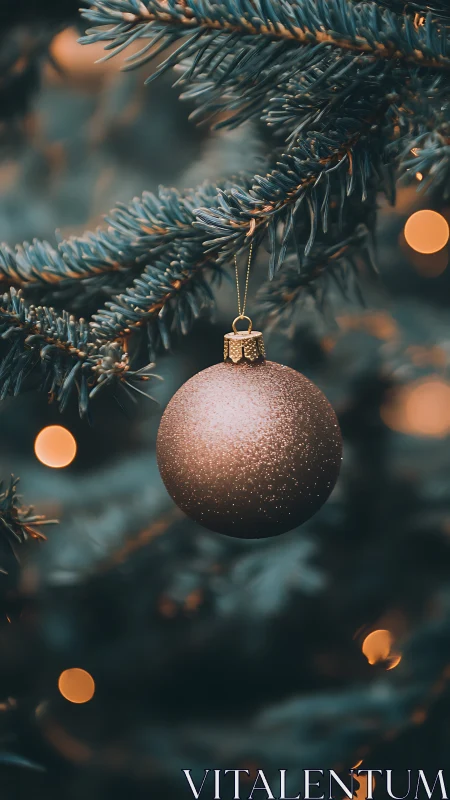 Gold glitter bauble on fir branch with warm bokeh lights