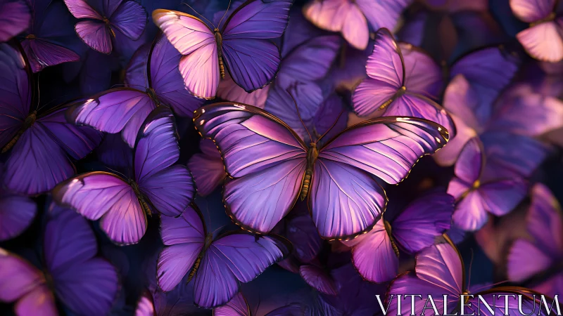 Purple butterflies clustered in soft glowing light.