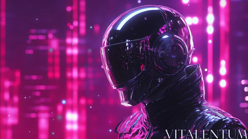Chromed cyber helmet in neon magenta holographic gridscape.