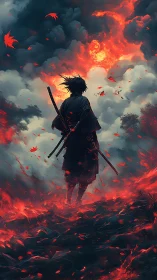 Lone samurai silhouette advances through infernal crimson storm