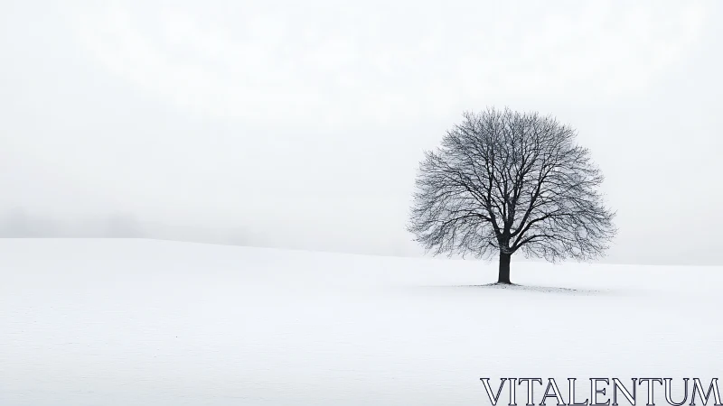 Solitary winter tree on minimal snowfield horizon.