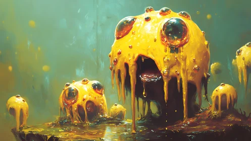 Gooey golden monsters sharing a weirdly lovable moment.