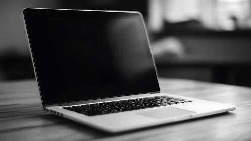 Aluminum unibody laptop on wooden desk in soft bokeh light