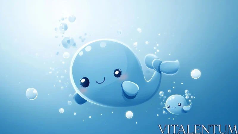 Digital painting of playful cartoon whales in luminous blue sea.