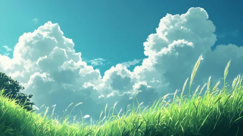 Grassy hillside under cumulus cloud formations at midday.