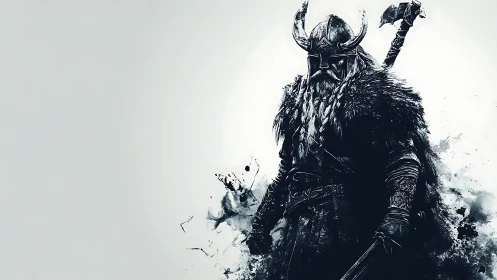 Monochrome Viking warrior rendered as splatter-ink silhouette.