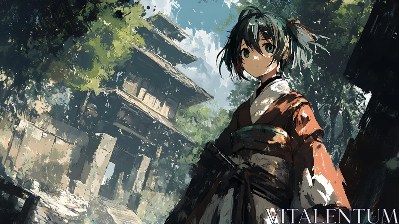 Samurai girl stands before weathered forest temple gate.