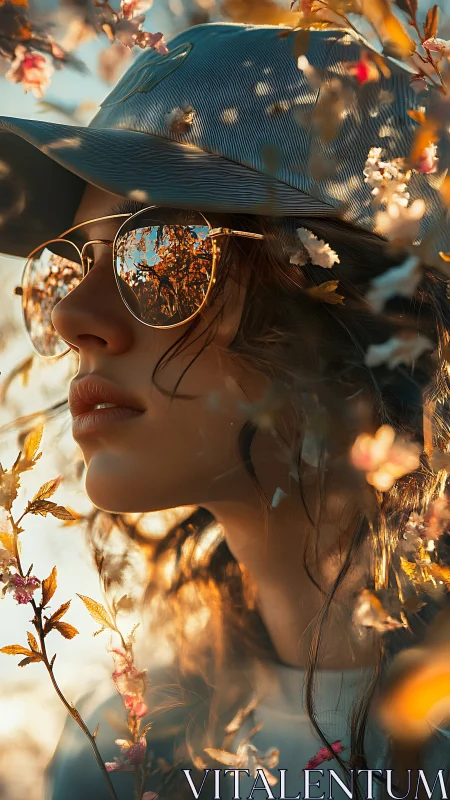 Woman in cap with mirrored sunglasses among flowering branches.