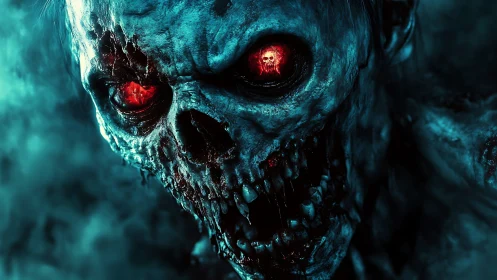 Horror closeup of decayed skull monster with glowing eyes.