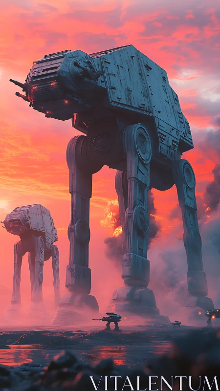 Walker mechs advance through mist under vivid red sky