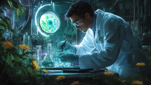 Biotech researcher engineering luminous microflora in lab.