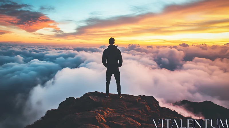 Silhouette on rocky summit above dense clouds at sunset.