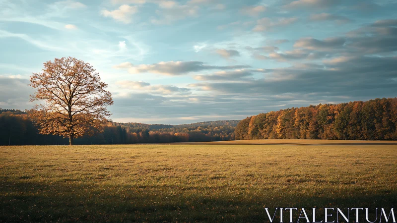Solitary deciduous tree stands beside extensive forest edge