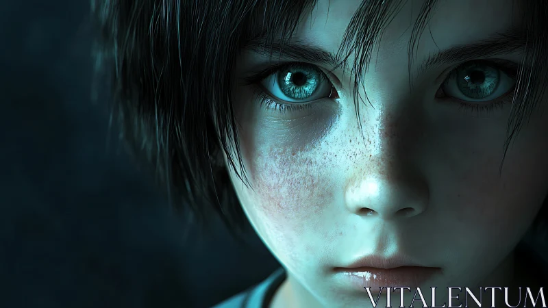 Hyperreal teal-lit child portrait with micro-detailed skin rendering.