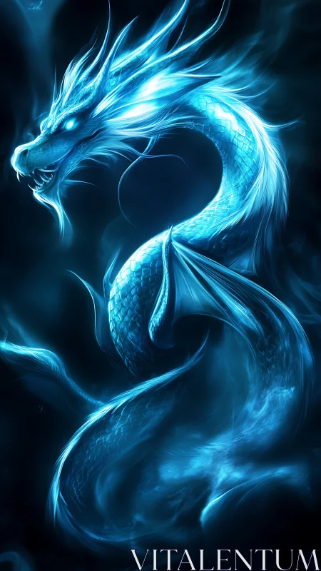 Luminous blue dragon coils through shadowy ethereal mist